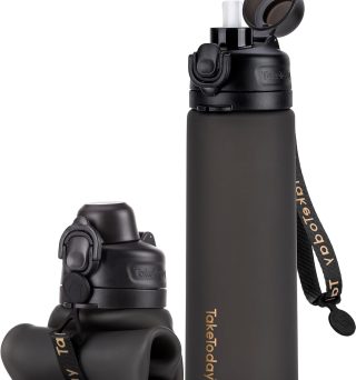 Collapsible Water Bottles 20oz, Leak Proof, BPA-Free, Foldable Silicone Travel Water Bottle with Straw Strap for Cycling, Hiking, Outdoors