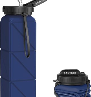 INNERNEED Collapsible Drinking Water Bottle with Straw, Reuseable Leakproof BPA Free Silicone Foldable Sports Gym Bottle, with Carrying Strap (1pack, Dark Blue)